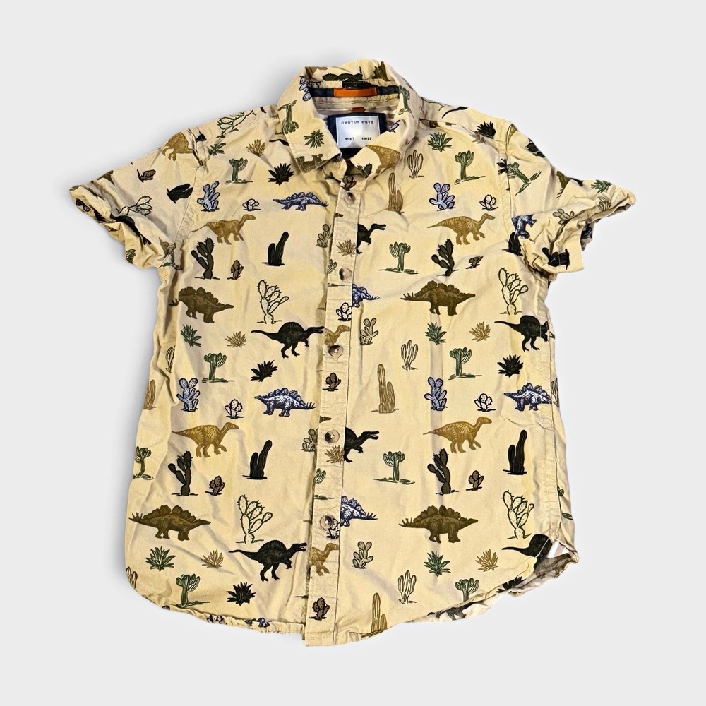 Boys Dinosaur Button Down Shirt Size 7 Tan Stegosaurus Cactus Safari Camp Short